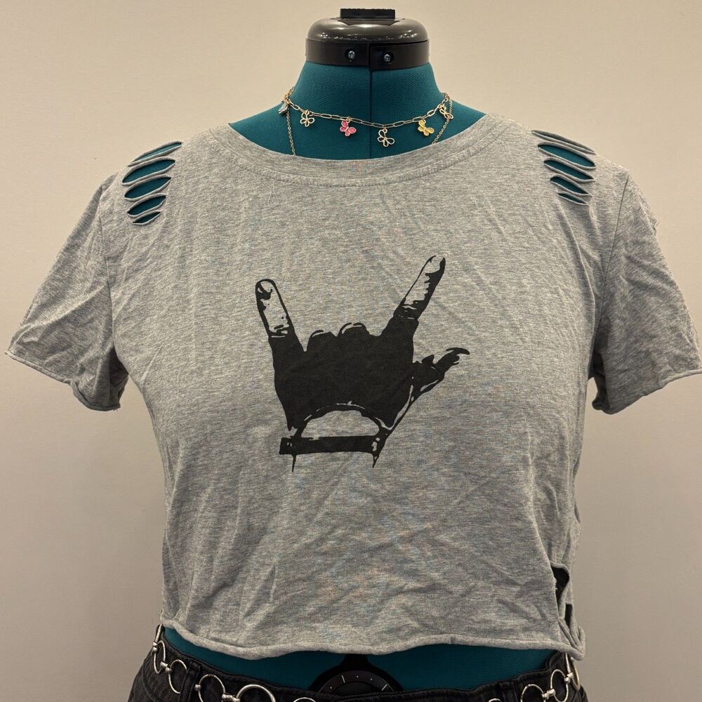 SweatyRocks Women's Distressed Hand Gesture Graphic Cropped T-Shirt
